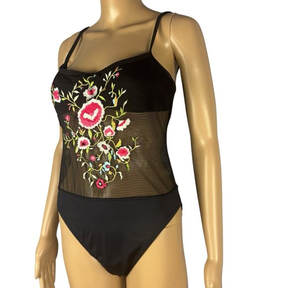 Victoria Secret vintage Bodysuit Black Micro Mesh Embroidery Swimwear  Open Back - Picture 3 of 16